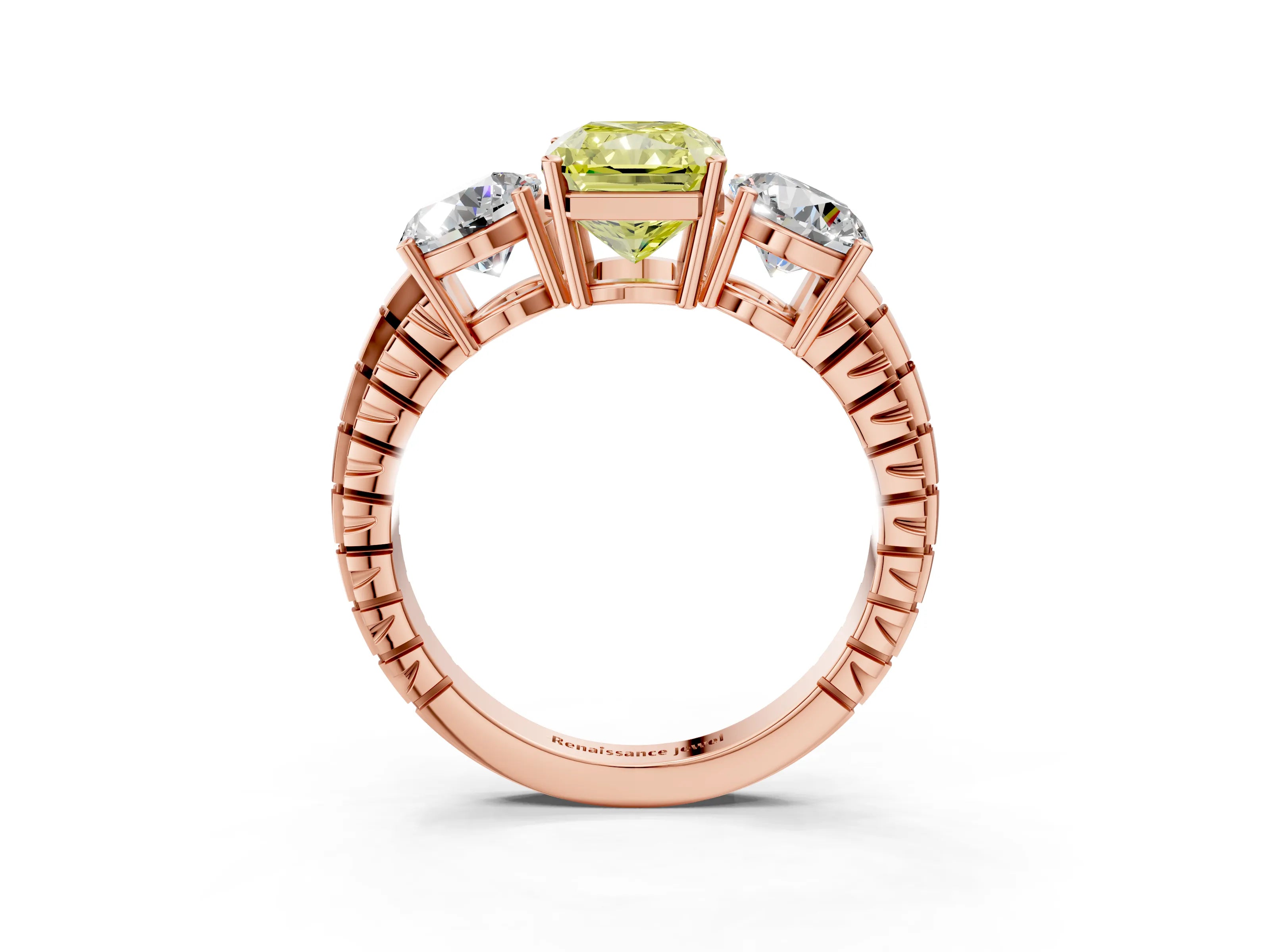 Rose gold Three-Stone Fancy Yellow Radiant Cut Cut Diamond Ring with Channel-Set Band and Prong Setting_3