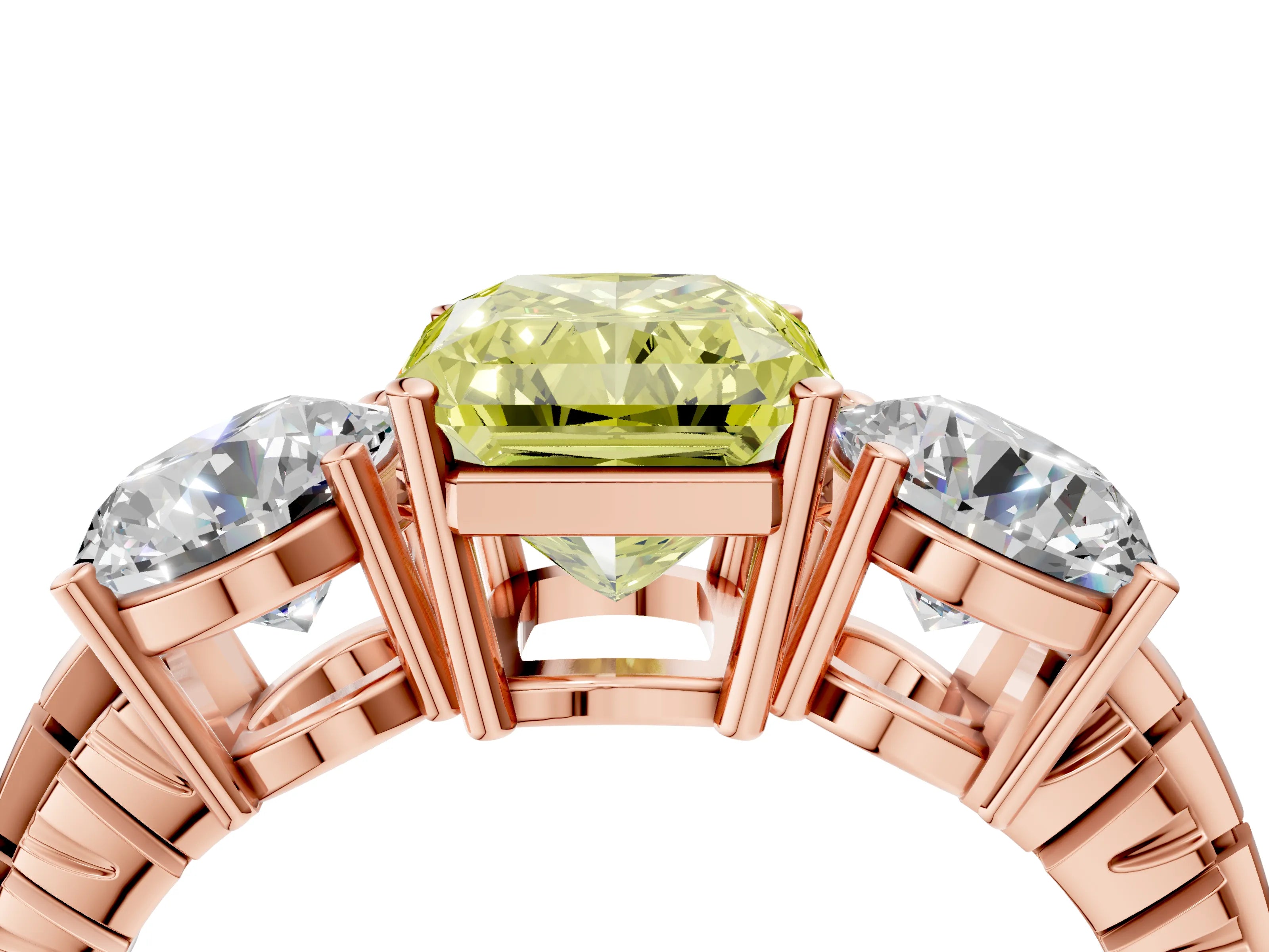 Rose gold Three-Stone Fancy Yellow Radiant Cut Cut Diamond Ring with Channel-Set Band and Prong Setting_4
