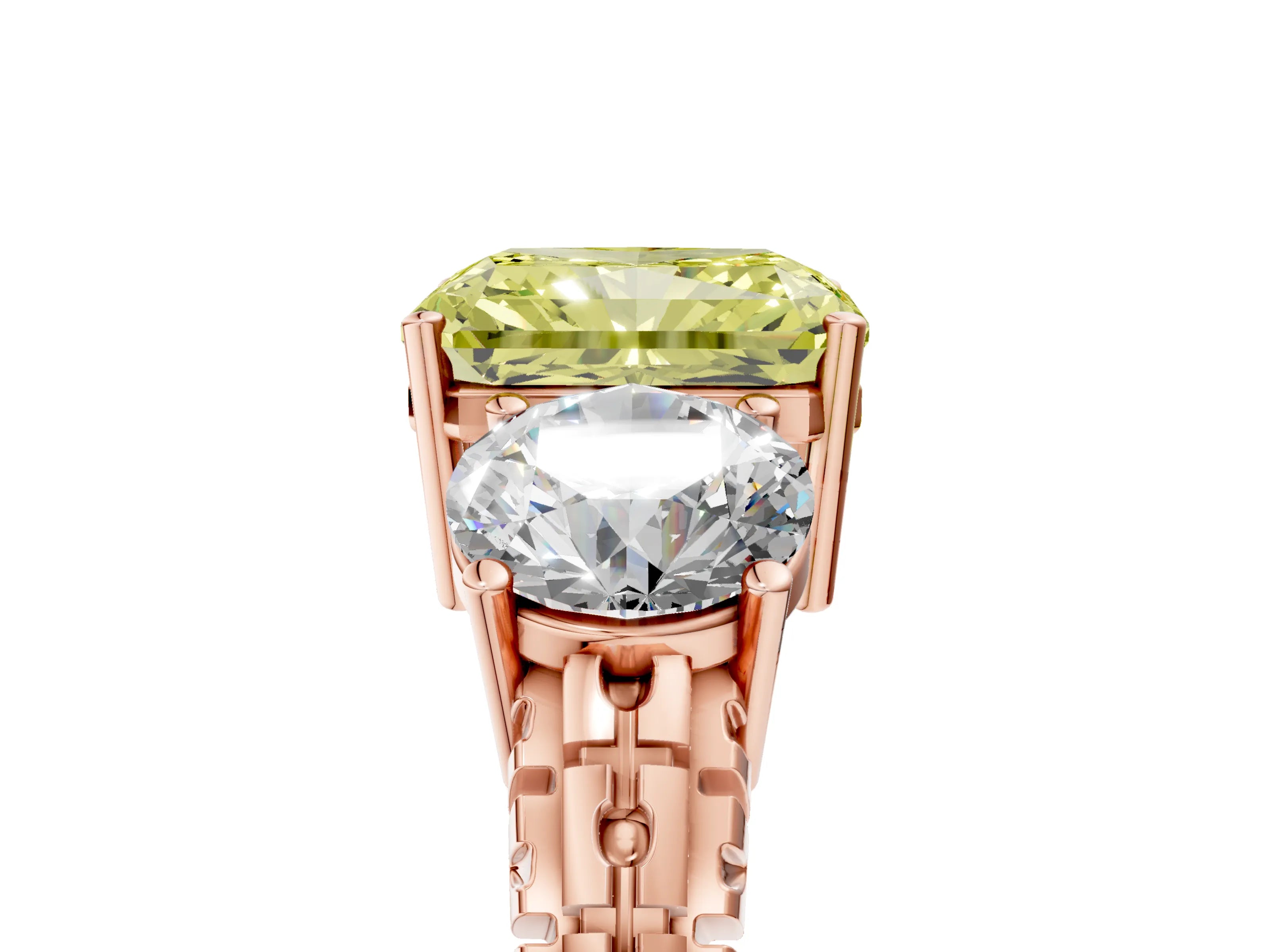 Rose gold Three-Stone Fancy Yellow Radiant Cut Cut Diamond Ring with Channel-Set Band and Prong Setting_5