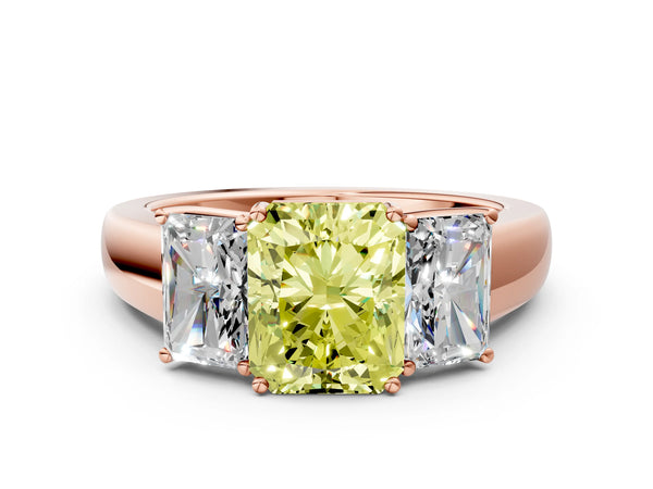 Rose gold Three-Stone Fancy Yellow Radiant Cut Cut Diamond Ring with Prong Setting and Classic Band