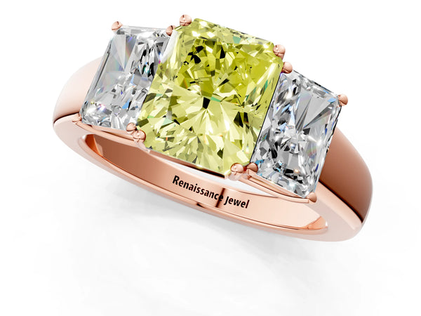 Rose gold Three-Stone Fancy Yellow Radiant Cut Cut Diamond Ring with Prong Setting and Classic Band