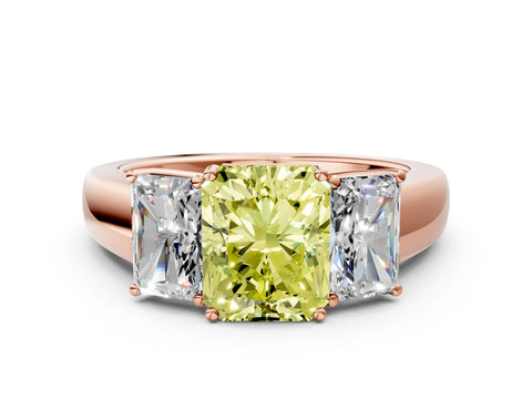 Rose gold Three-Stone Fancy Yellow Radiant Cut Cut Diamond Ring with Prong Setting and Classic Band