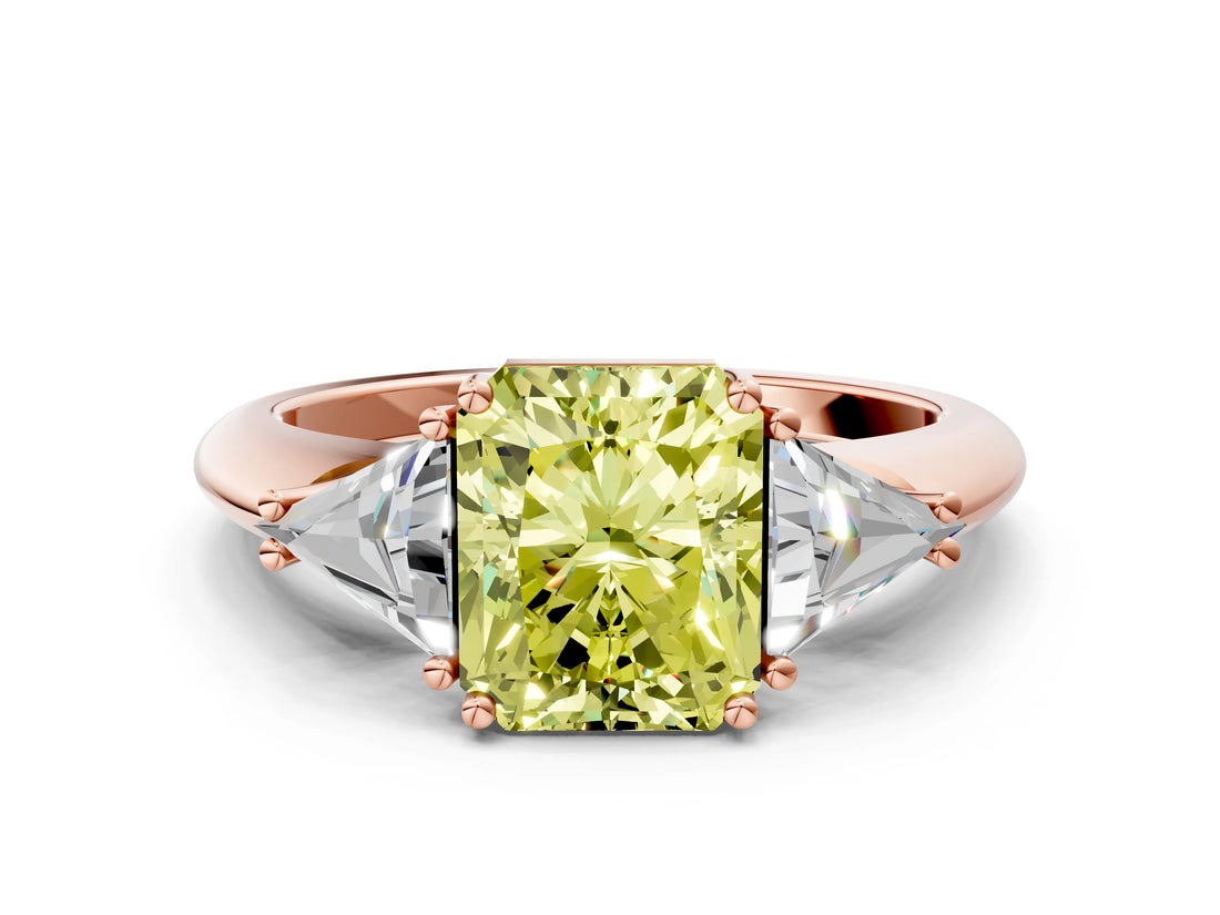 Rose gold Three-Stone Fancy Yellow Radiant Cut Cut Diamond Ring with Trillion Side Stones and Four-Prong Setting_3