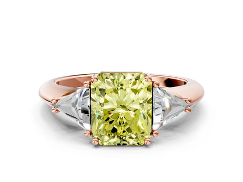 Rose gold Three-Stone Fancy Yellow Radiant Cut Cut Diamond Ring with Trillion Side Stones and Four-Prong Setting_3