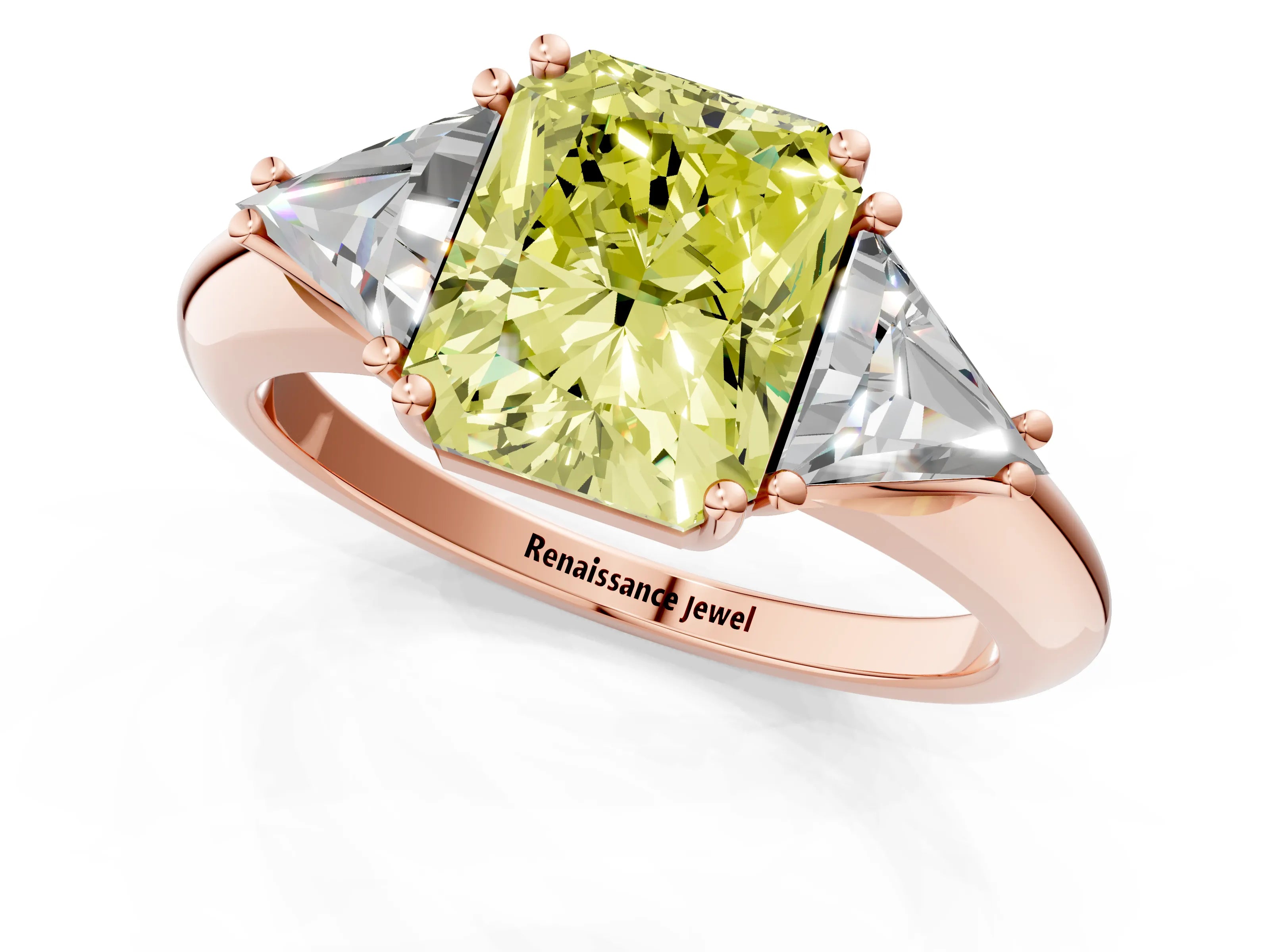 Rose gold Three-Stone Fancy Yellow Radiant Cut Cut Diamond Ring with Trillion Side Stones and Four-Prong Setting_4