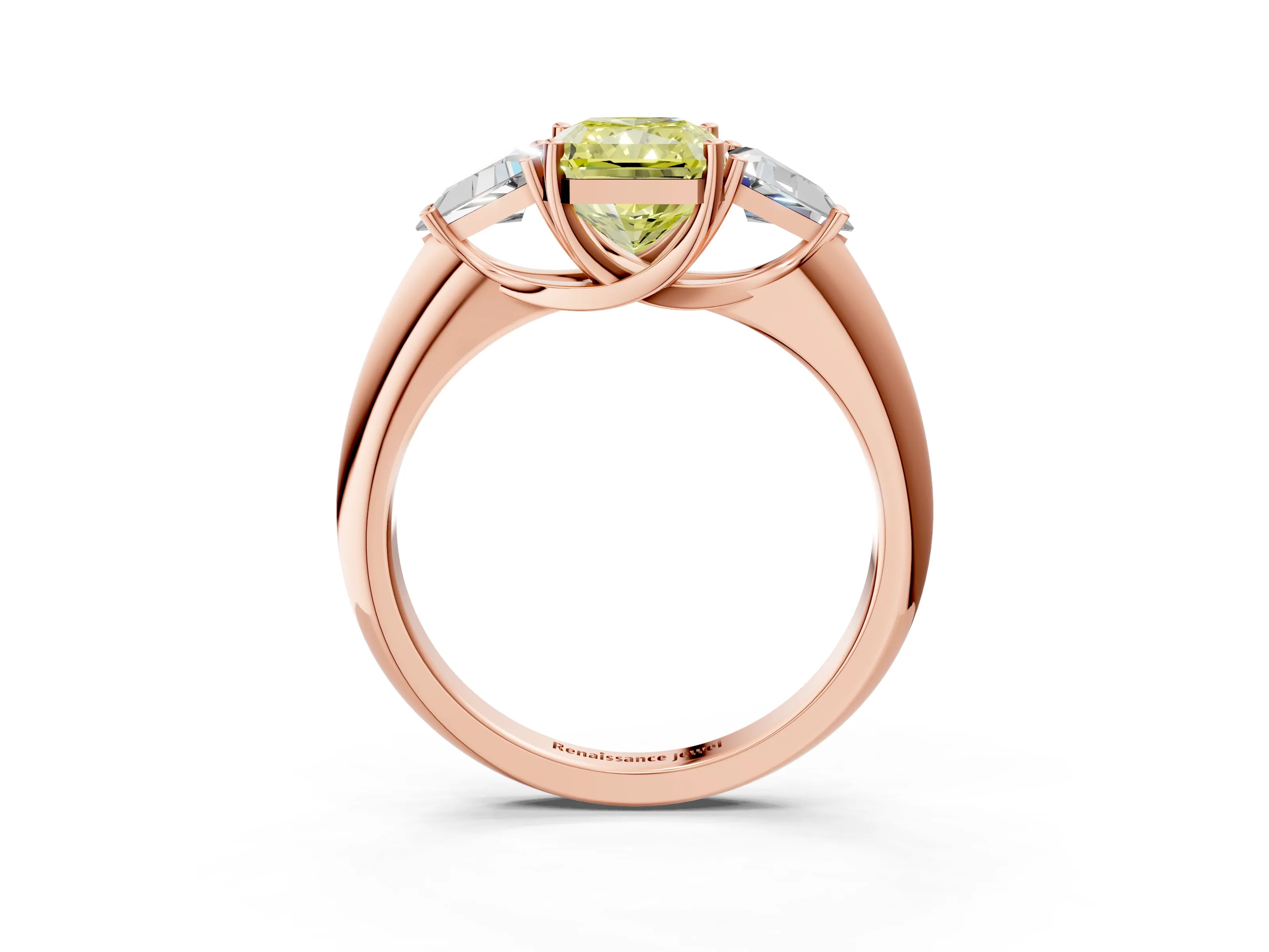 Rose gold Three-Stone Fancy Yellow Radiant Cut Cut Diamond Ring with Trillion Side Stones and Four-Prong Setting_6