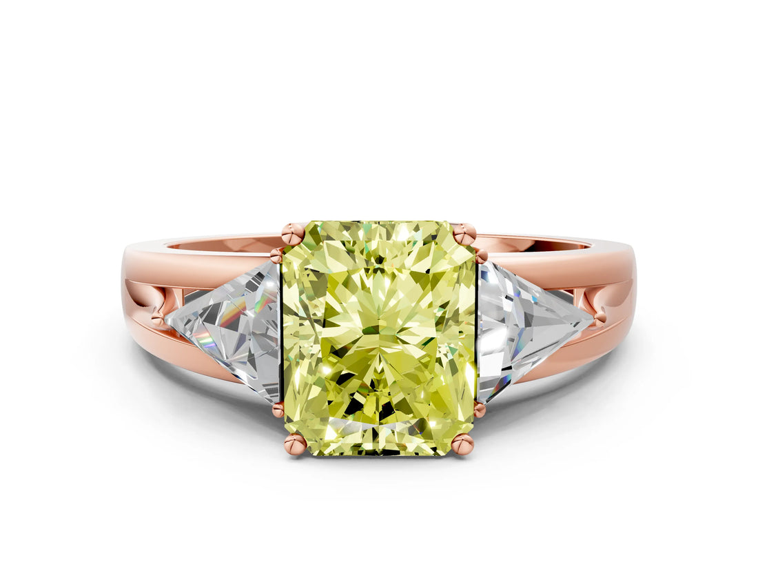 Rose gold Three-Stone Fancy Yellow Radiant Cut Cut Diamond Ring with Trillion Side Stones on a Split Shank Band