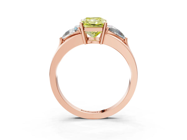 Rose Gold Radiant Cut Split Shank Three Stone Engagement Ring Setting for Fancy Yellow Center