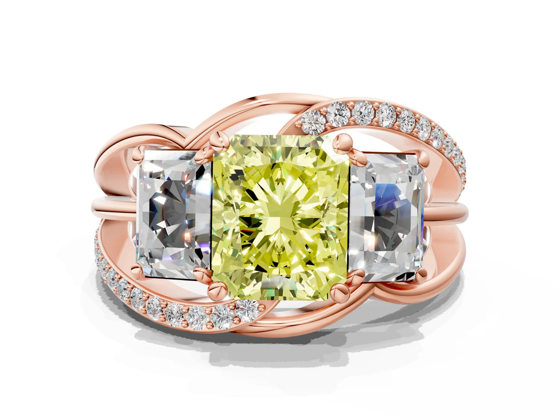 Rose gold Three-Stone Fancy Yellow Radiant Cut Cut Diamond Split Shank Prong Set Ring