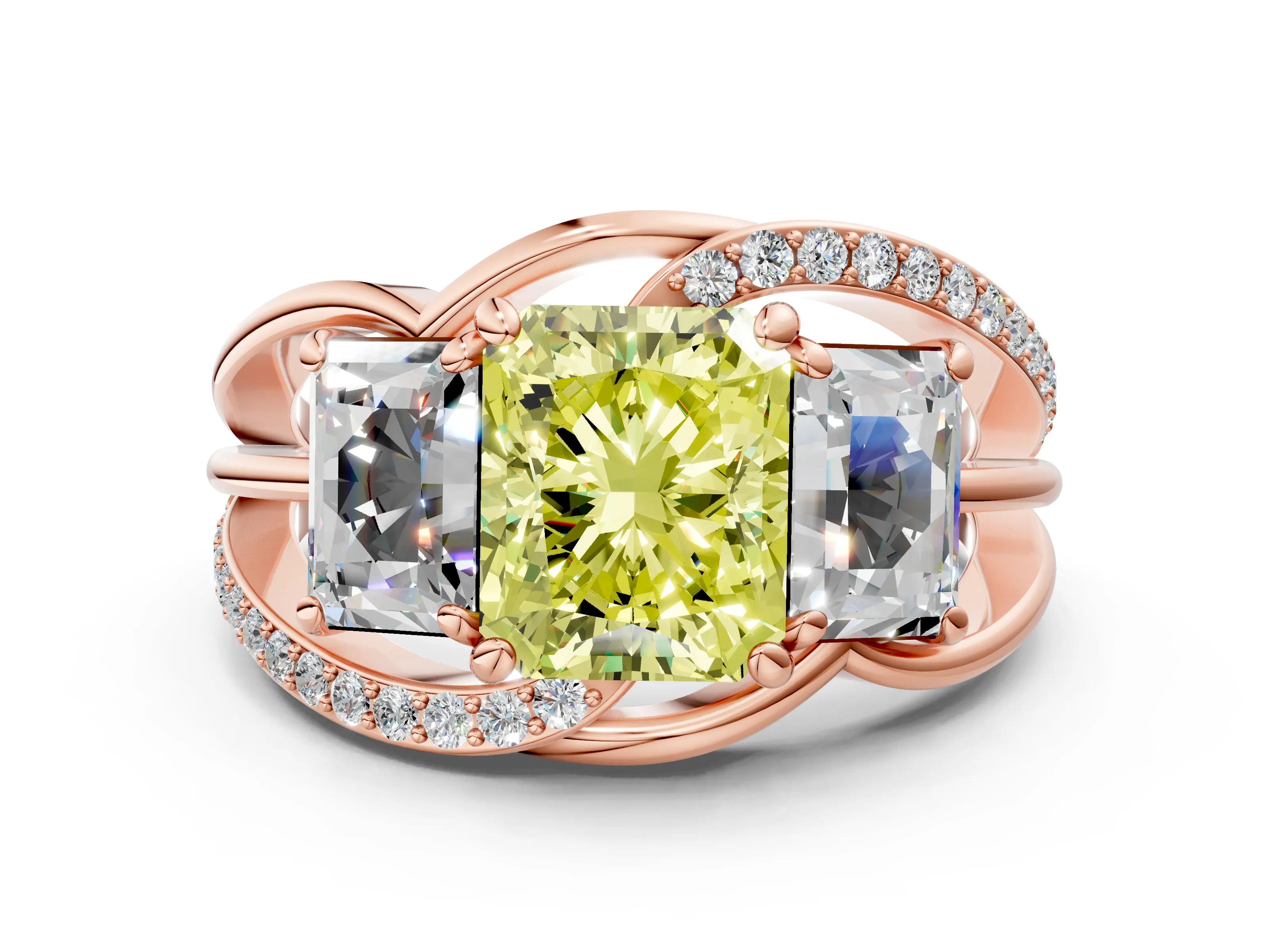 Rose gold Three-Stone Fancy Yellow Radiant Cut Cut Diamond Split Shank Prong Set Ring_12