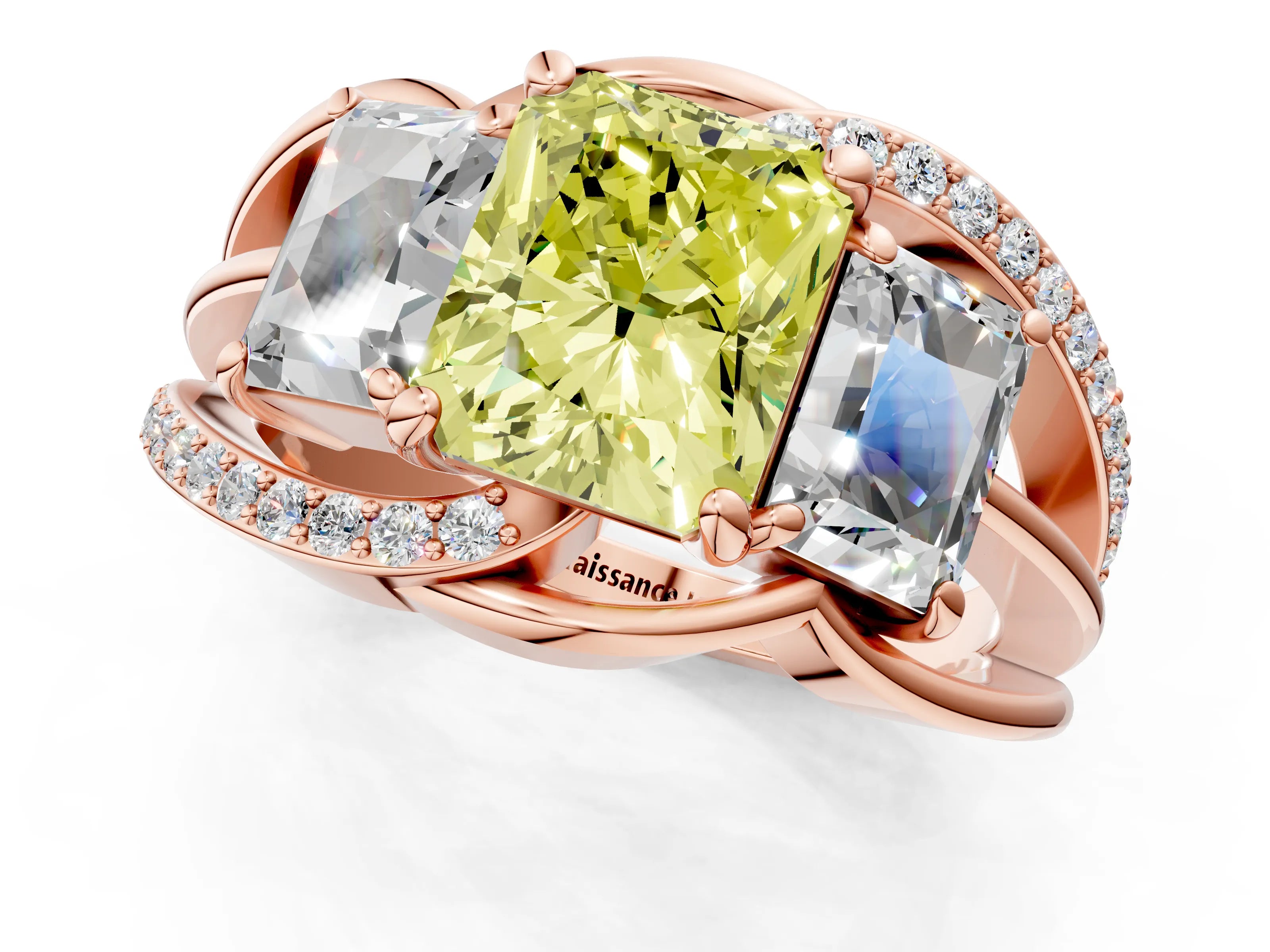 Rose gold Three-Stone Fancy Yellow Radiant Cut Cut Diamond Split Shank Prong Set Ring_13