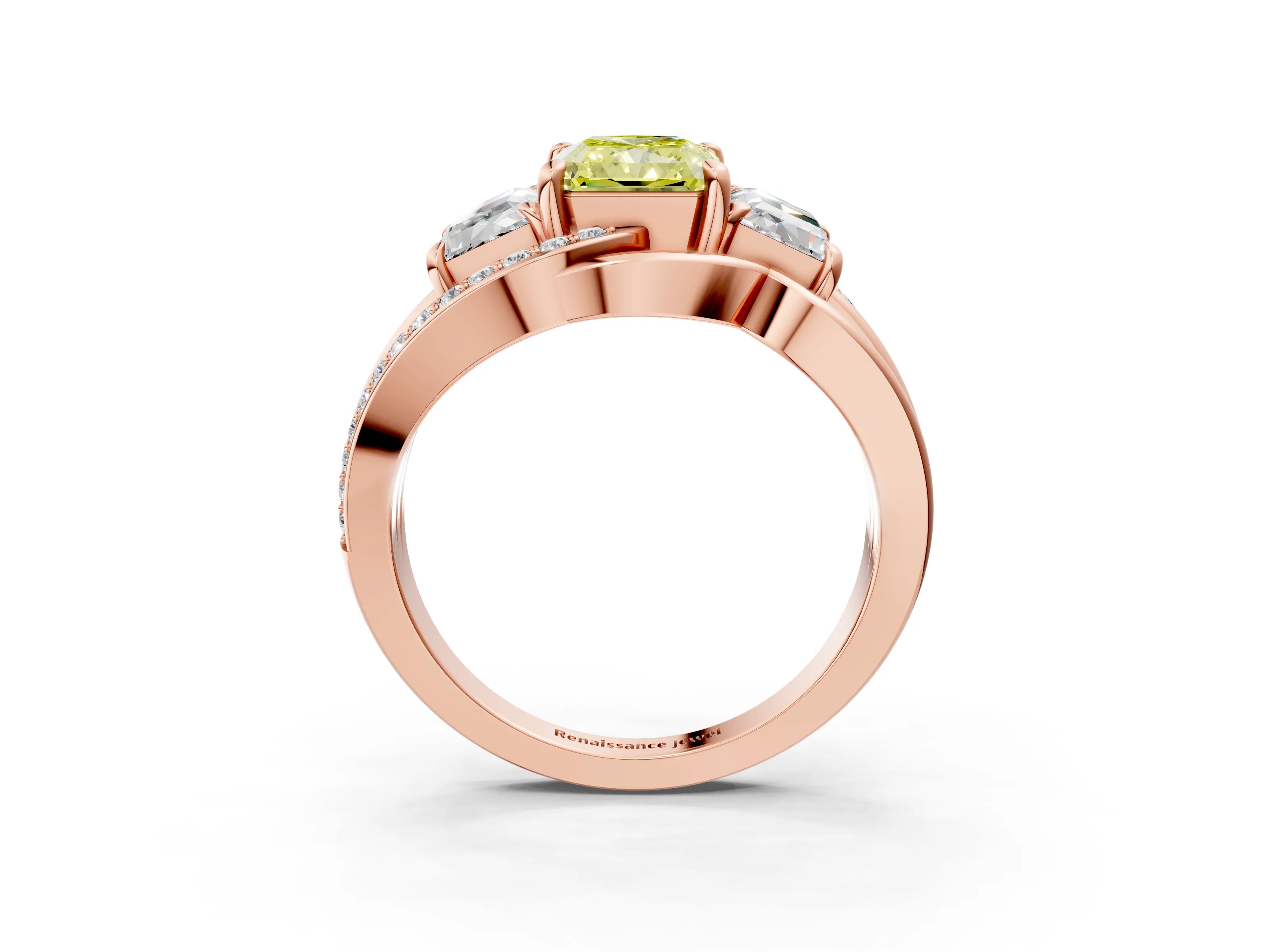 Rose gold Three-Stone Fancy Yellow Radiant Cut Cut Diamond Split Shank Prong Set Ring_15