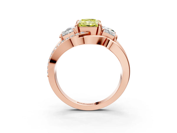 Rose Gold Radiant Cut Three Stone Split Shank Engagement Ring Setting for Fancy Yellow Center