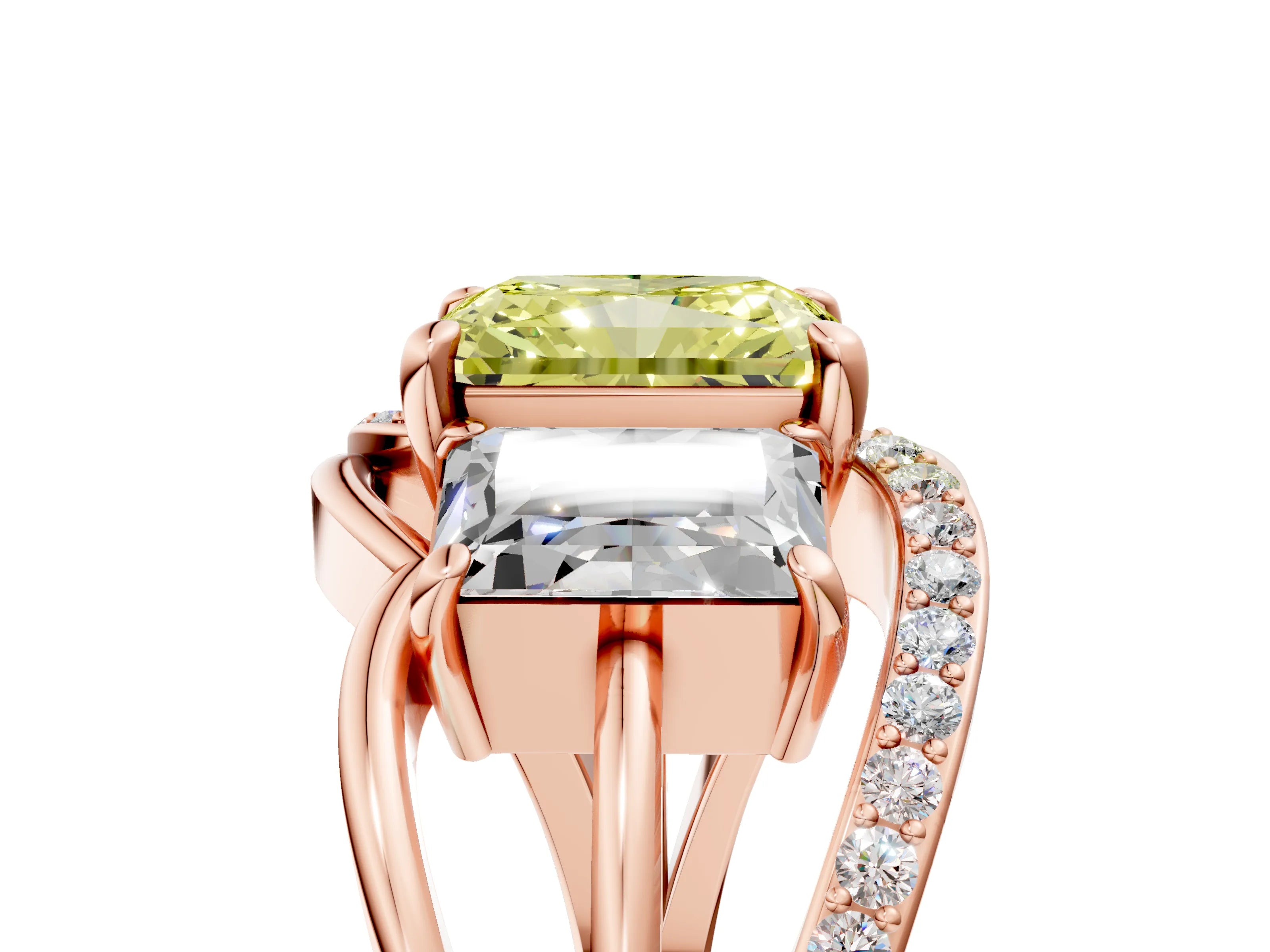 Rose gold Three-Stone Fancy Yellow Radiant Cut Cut Diamond Split Shank Prong Set Ring_17