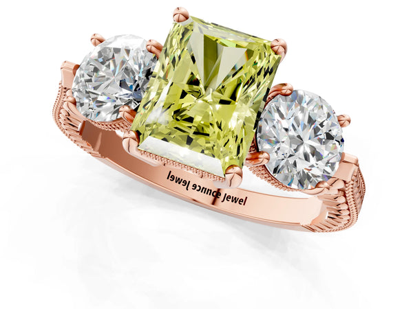 Rose Gold Radiant Cut Vintage Three Stone Engagement Ring Setting for Fancy Yellow Center