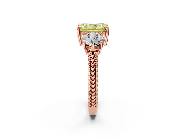 Rose Gold Radiant Cut Vintage Three Stone Engagement Ring Setting for Fancy Yellow Center