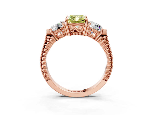 Rose Gold Radiant Cut Vintage Three Stone Engagement Ring Setting for Fancy Yellow Center
