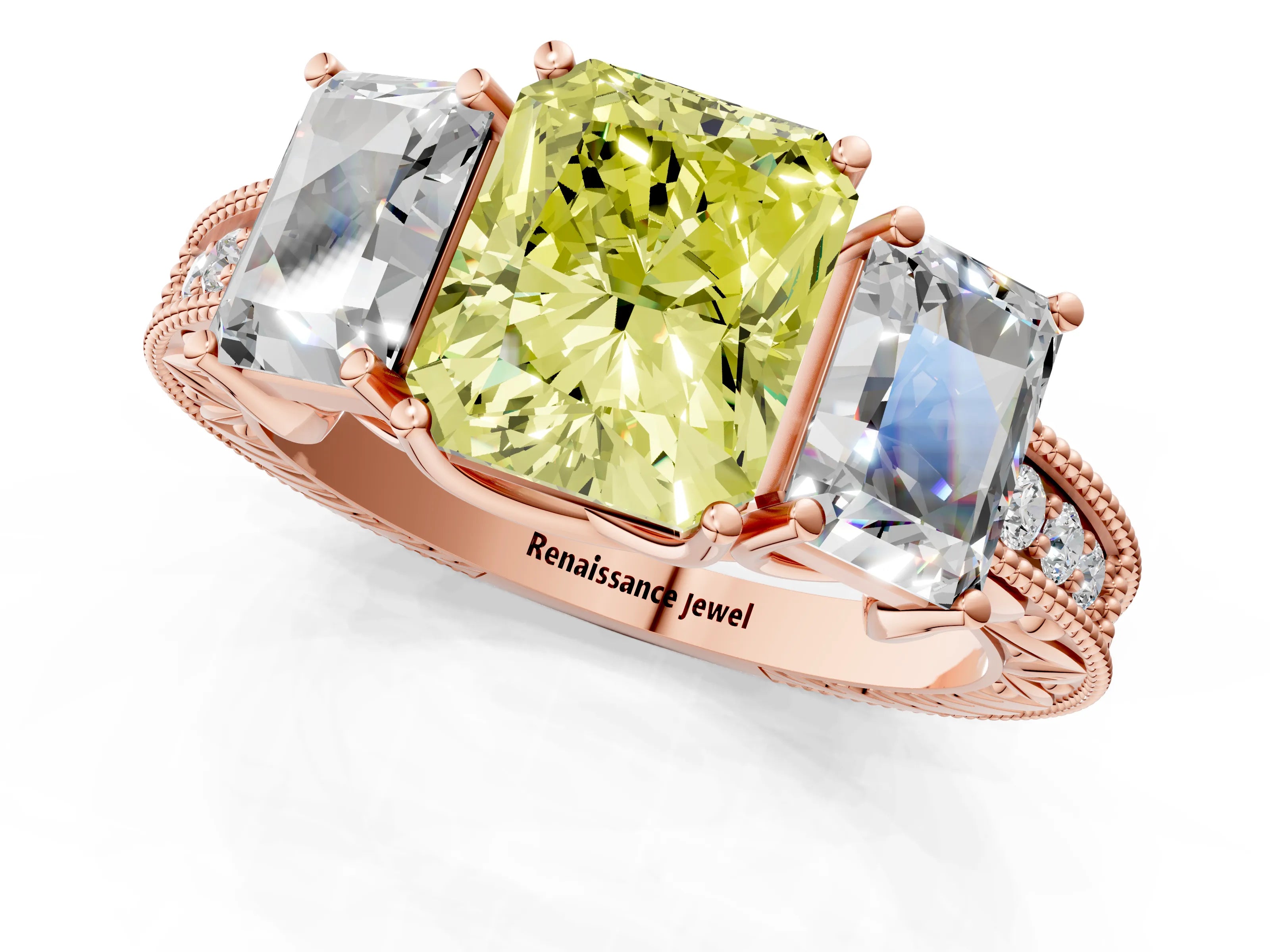 Rose gold Three-Stone Fancy Yellow Radiant Cut Cut Milgrain Pavé Engagement Ring_1