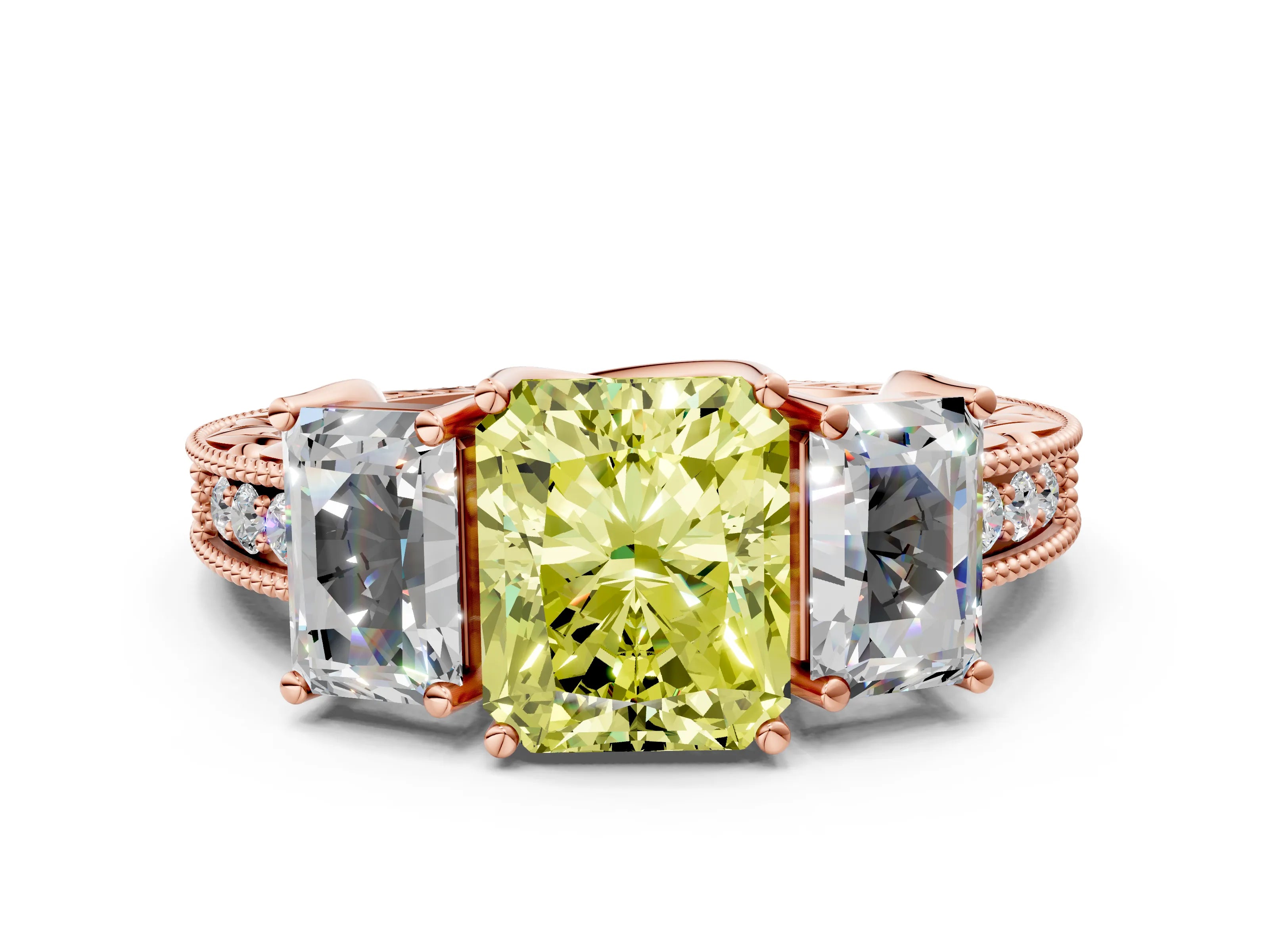Rose gold Three-Stone Fancy Yellow Radiant Cut Cut Milgrain Pavé Engagement Ring_12