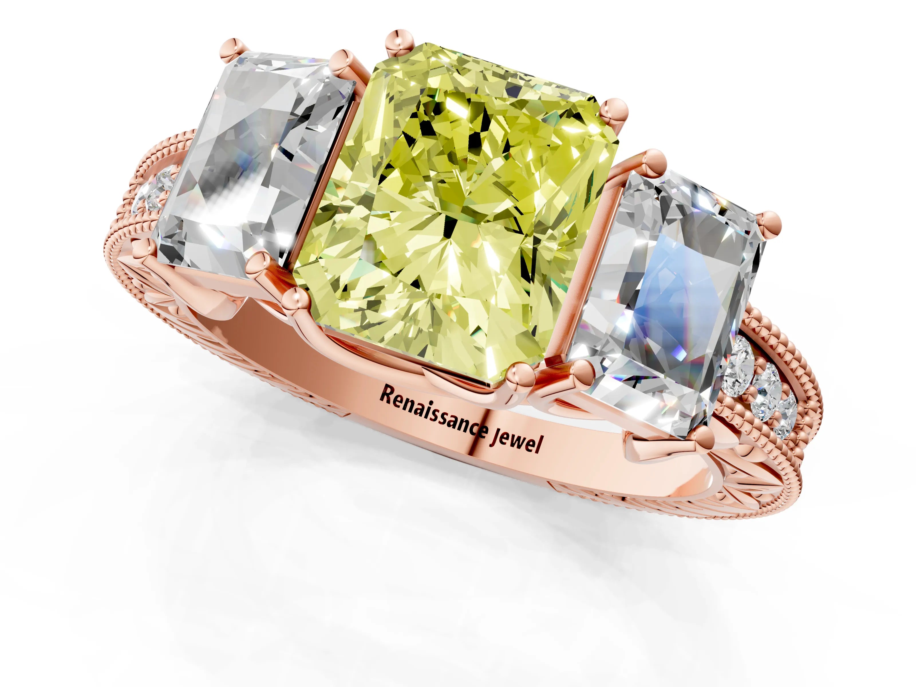 Rose gold Three-Stone Fancy Yellow Radiant Cut Cut Milgrain Pavé Engagement Ring_13