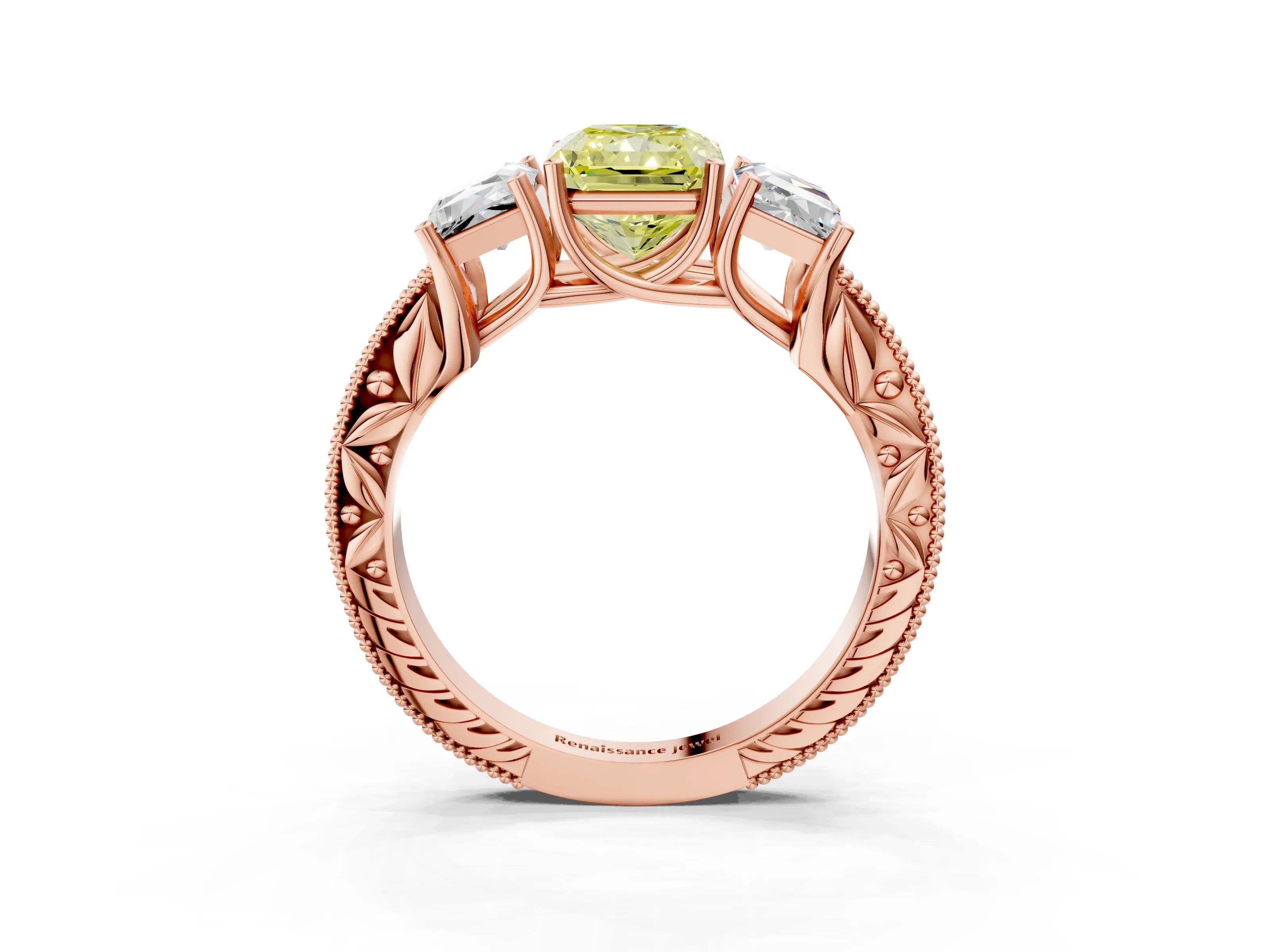 Rose gold Three-Stone Fancy Yellow Radiant Cut Cut Milgrain Pavé Engagement Ring_15
