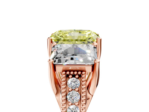 Rose gold Three-Stone Fancy Yellow Radiant Cut Cut Milgrain Pavé Engagement Ring_17