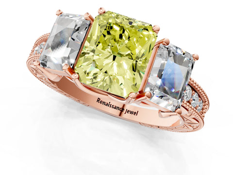 Rose gold Three-Stone Fancy Yellow Radiant Cut Cut Milgrain Pavé Engagement Ring_1