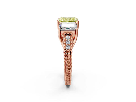 Rose gold Three-Stone Fancy Yellow Radiant Cut Cut Milgrain Pavé Engagement Ring_2