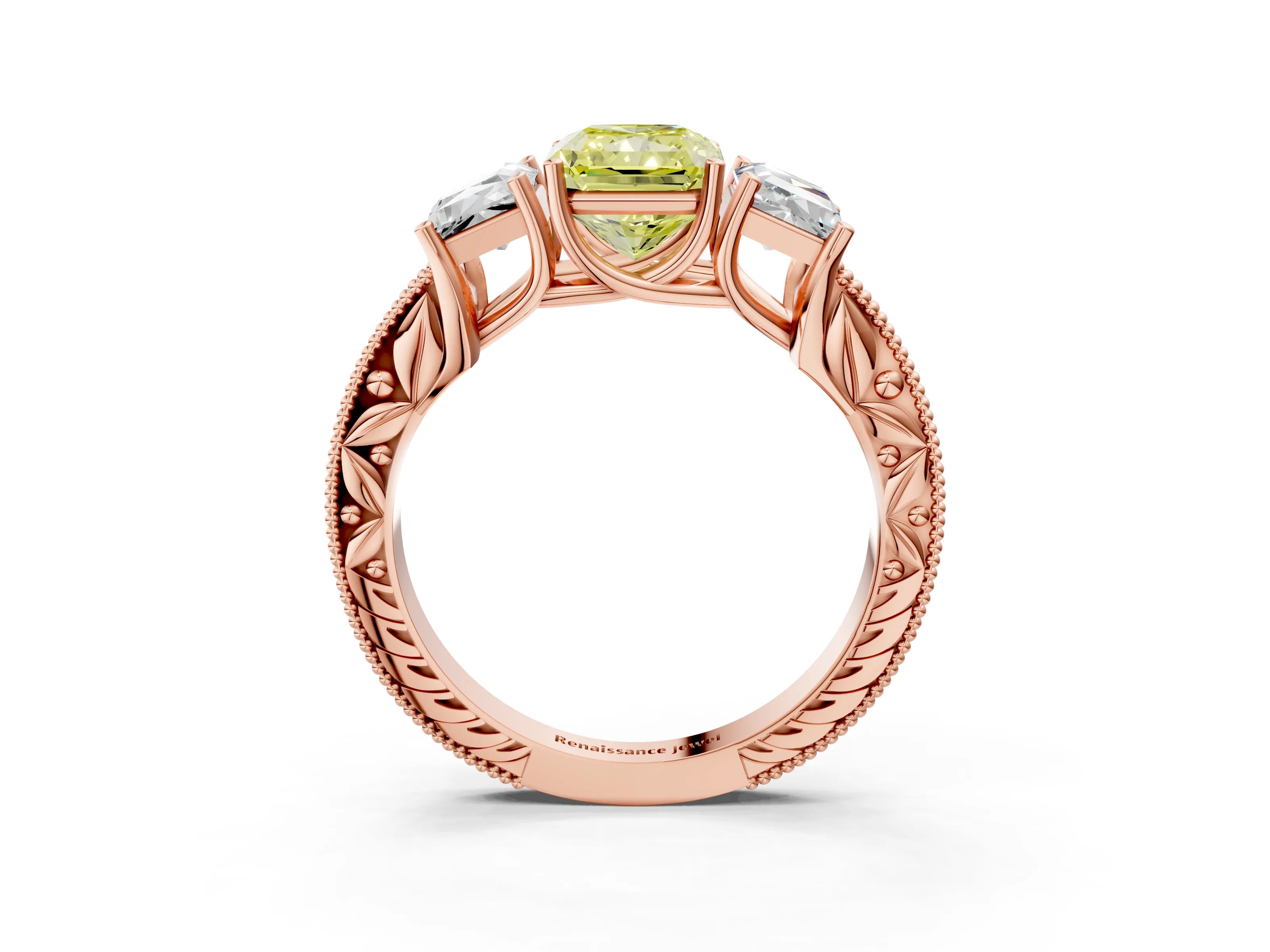 Rose gold Three-Stone Fancy Yellow Radiant Cut Cut Milgrain Pavé Engagement Ring_3