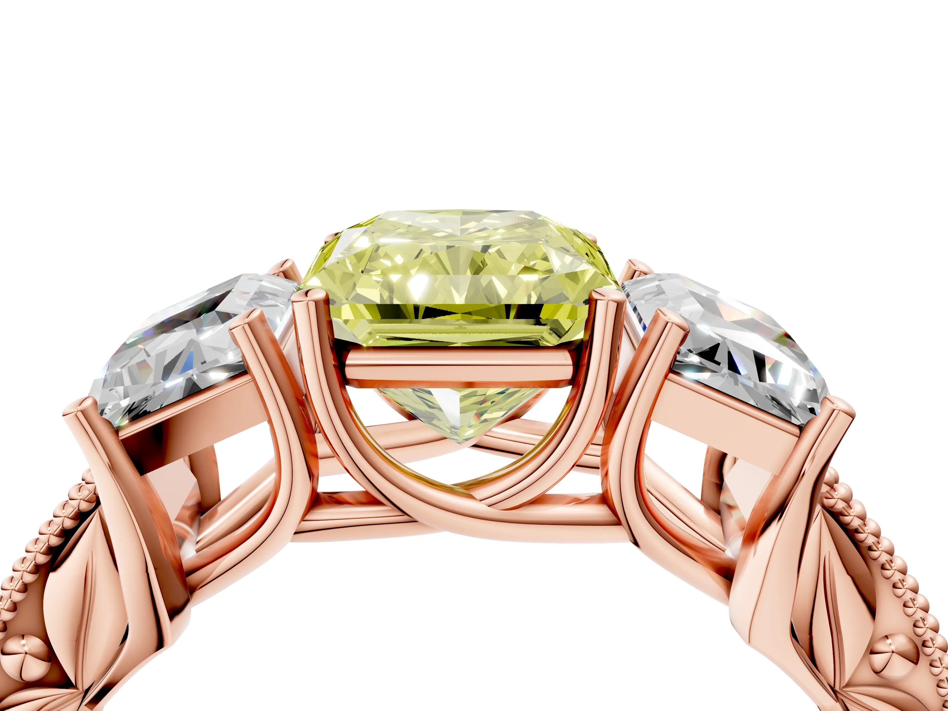 Rose gold Three-Stone Fancy Yellow Radiant Cut Cut Milgrain Pavé Engagement Ring_4