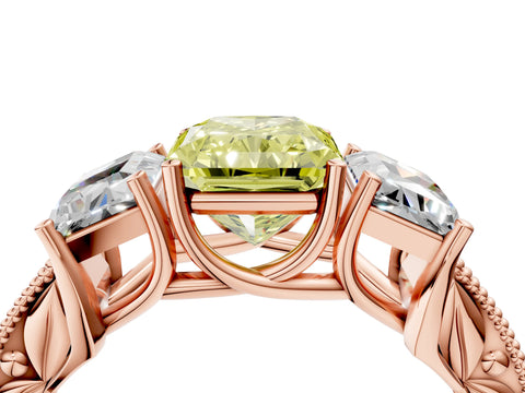 Rose gold Three-Stone Fancy Yellow Radiant Cut Cut Milgrain Pavé Engagement Ring_4