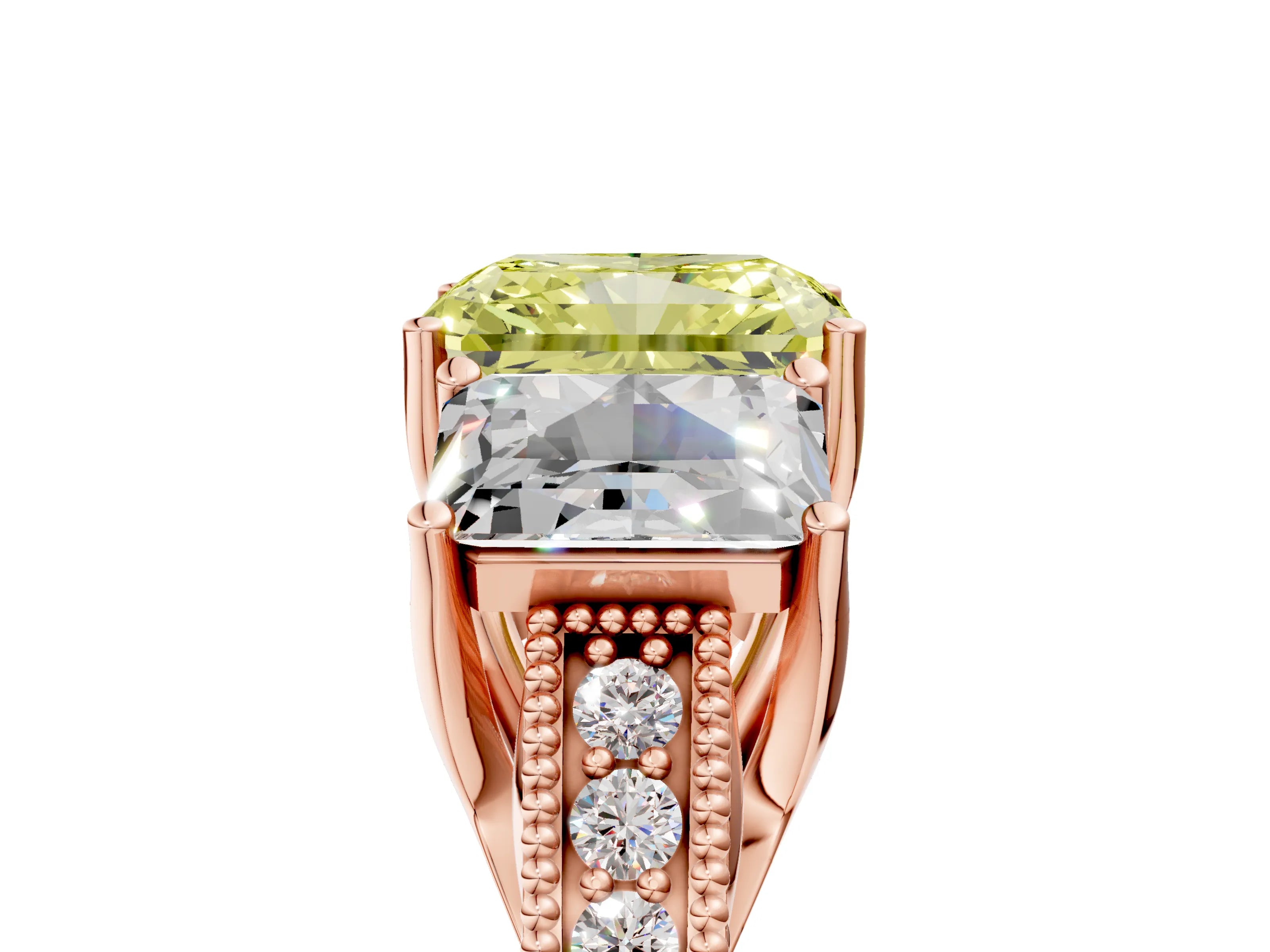 Rose gold Three-Stone Fancy Yellow Radiant Cut Cut Milgrain Pavé Engagement Ring_5