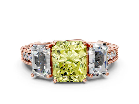 Rose gold Three-Stone Fancy Yellow Radiant Cut Cut Milgrain Pavé Engagement Ring