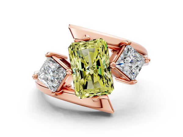 Rose gold Three-Stone Fancy Yellow Radiant Cut Cut Tension Band Ring with Four-Prong Setting