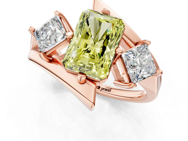 Rose gold Three-Stone Fancy Yellow Radiant Cut Cut Tension Band Ring with Four-Prong Setting