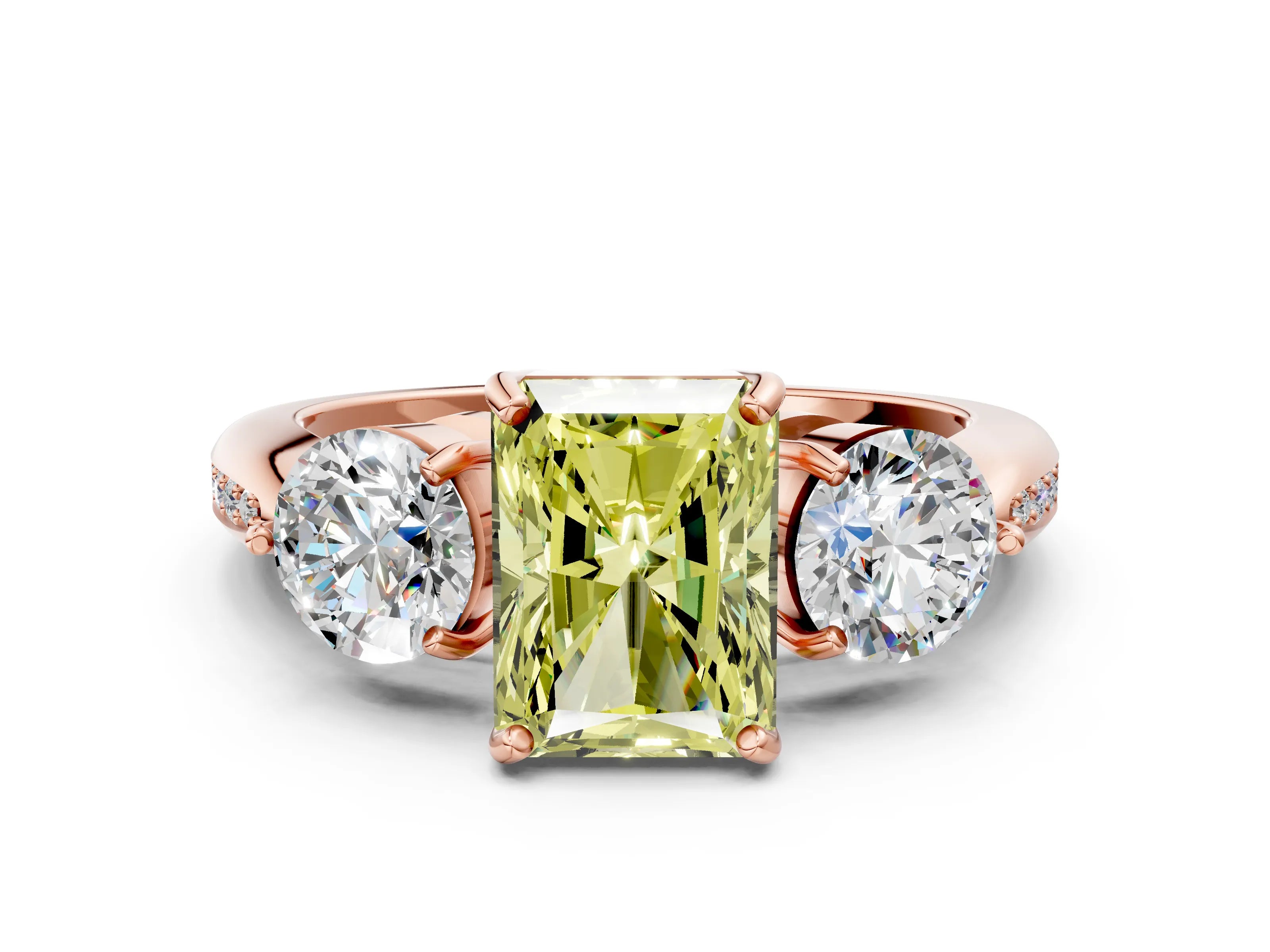 Rose gold Three-Stone Fancy Yellow Radiant Cut Diamond Channel Set Engagement Ring with Prong Setting