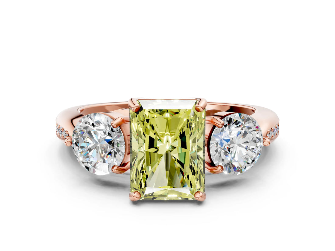 Rose gold Three-Stone Fancy Yellow Radiant Cut Diamond Channel Set Engagement Ring with Prong Setting