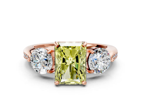 Rose gold Three-Stone Fancy Yellow Radiant Cut Diamond Channel Set Engagement Ring with Prong Setting