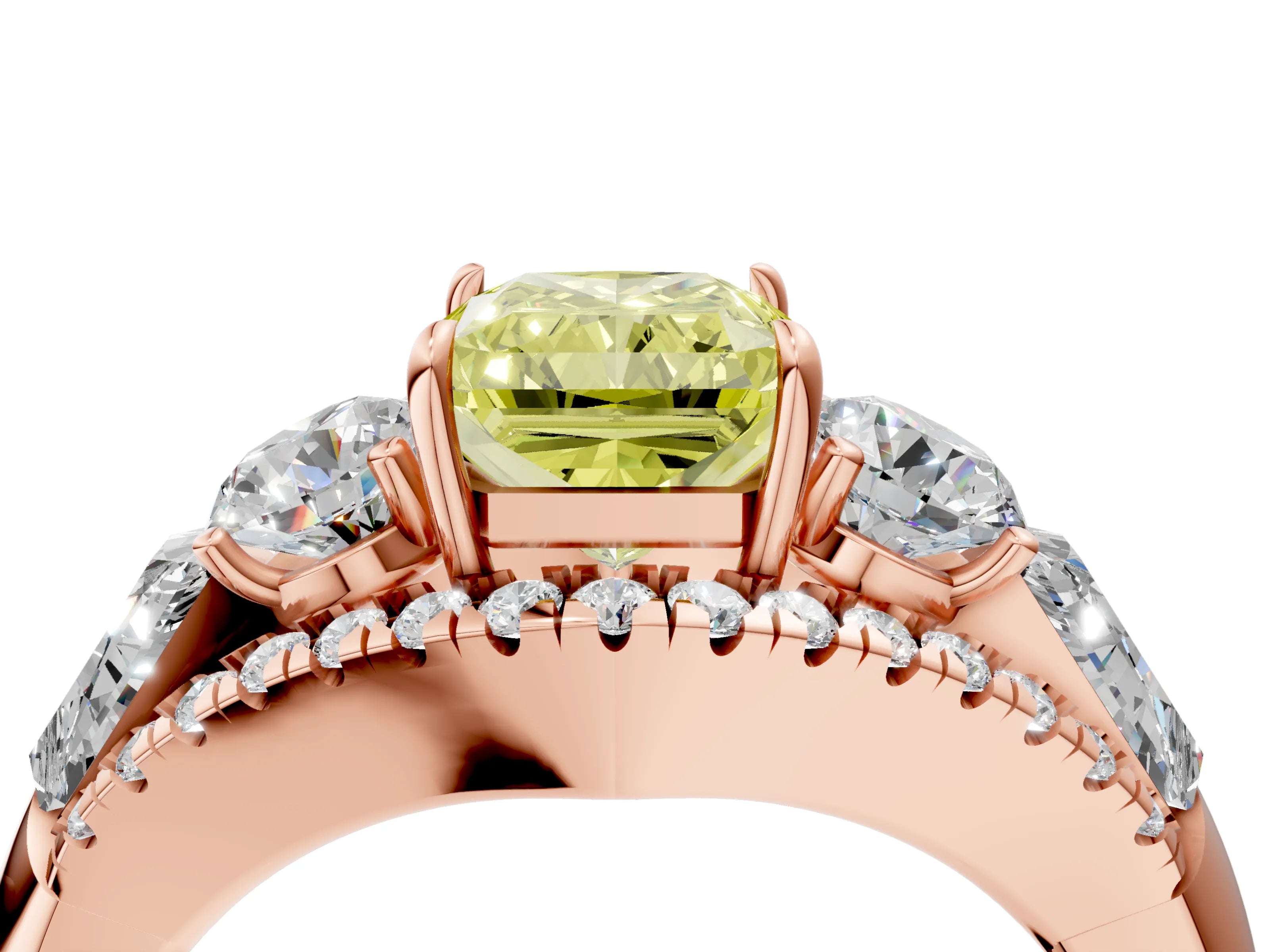 Rose gold Three-Stone Fancy Yellow Radiant Cut Diamond Engagement Ring with Pave Band and Prong Setting_4