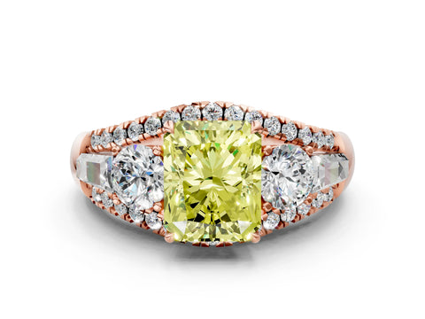 Rose gold Three-Stone Fancy Yellow Radiant Cut Diamond Engagement Ring with Pave Band and Prong Setting