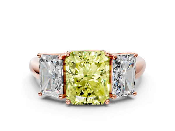 Rose gold Three-Stone Fancy Yellow Radiant Cut Diamond Engagement Ring with Prong Setting