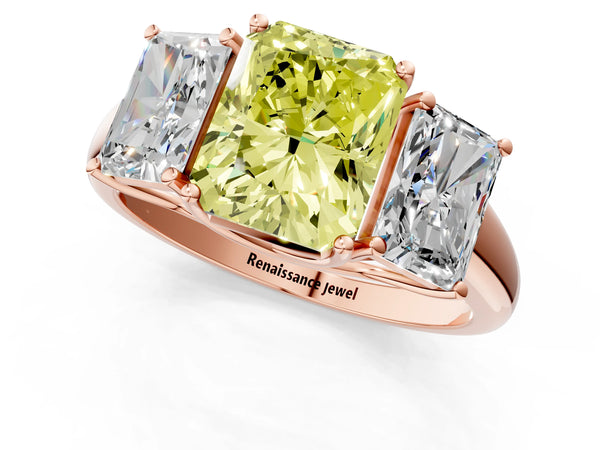 Rose gold Three-Stone Fancy Yellow Radiant Cut Diamond Engagement Ring with Prong Setting