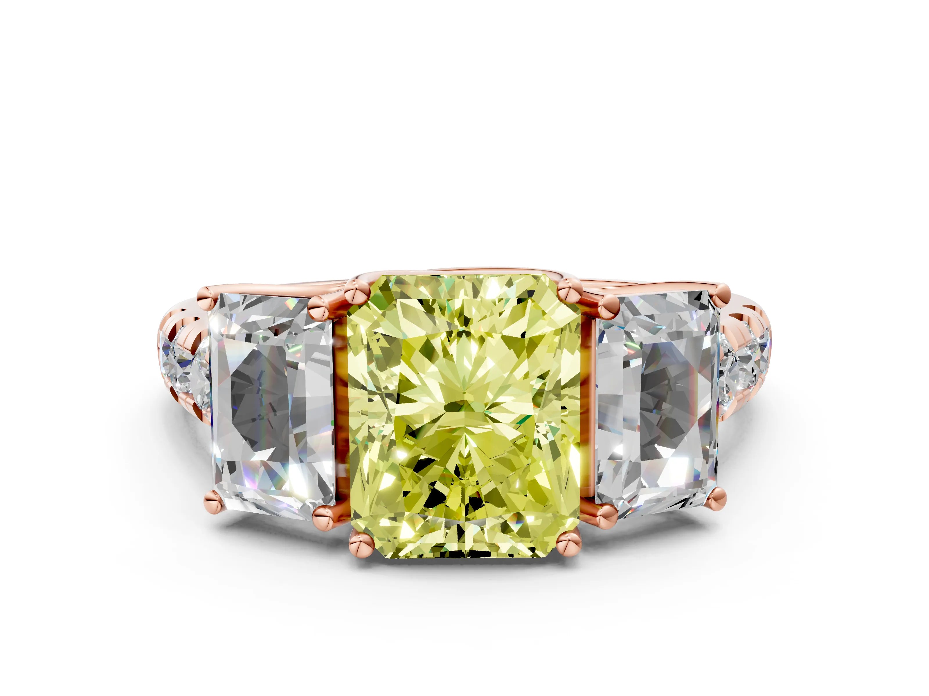 Rose gold Three-Stone Fancy Yellow Radiant Cut Diamond Pavé Band with Prong Setting