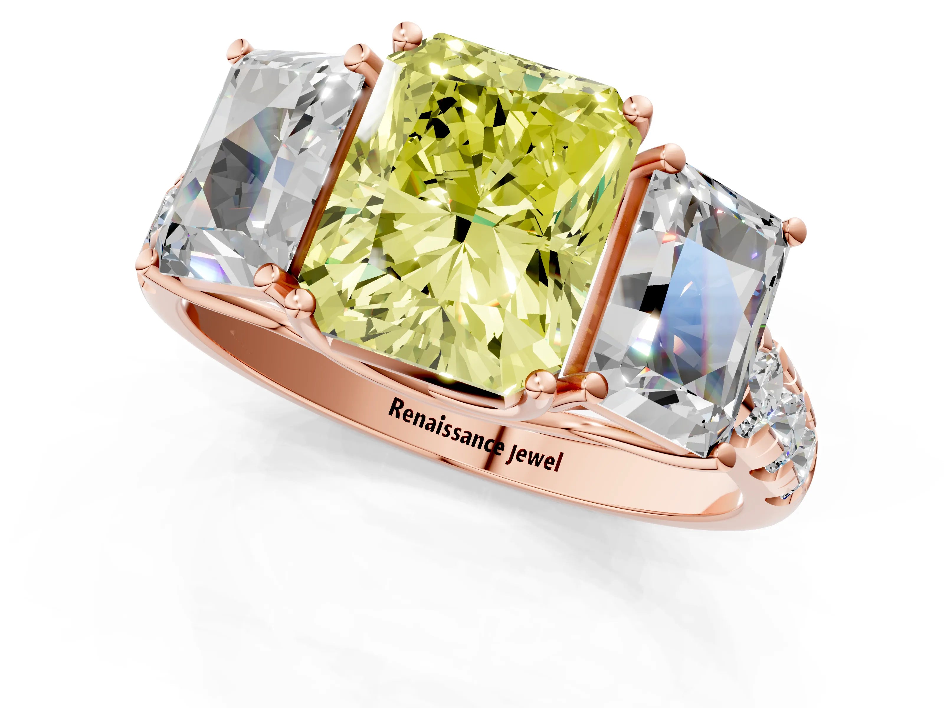 Rose gold Three-Stone Fancy Yellow Radiant Cut Diamond Pavé Band with Prong Setting_1