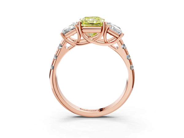 Rose gold Three-Stone Fancy Yellow Radiant Cut Diamond Pavé Band with Prong Setting