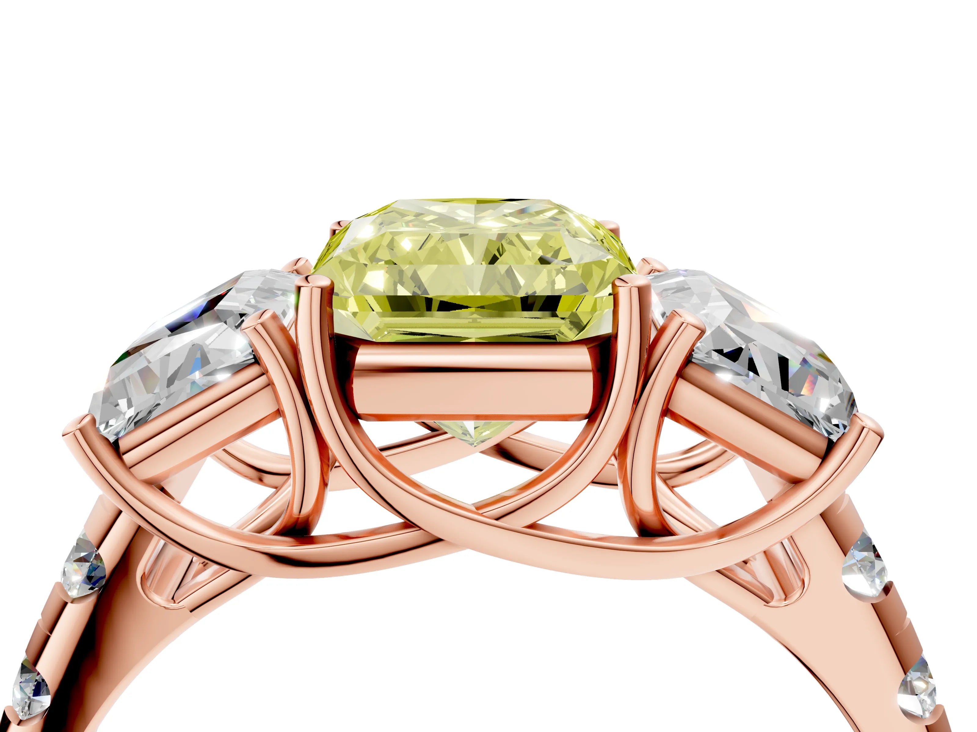 Rose gold Three-Stone Fancy Yellow Radiant Cut Diamond Pavé Band with Prong Setting_4