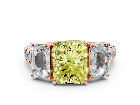 Rose gold Three-Stone Fancy Yellow Radiant Cut Diamond Pavé Band with Prong Setting