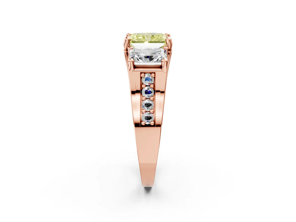 Rose Gold Radiant Cut Three Stone Pave Engagement Ring Setting for Fancy Yellow Center with Near-Equal Side Stones