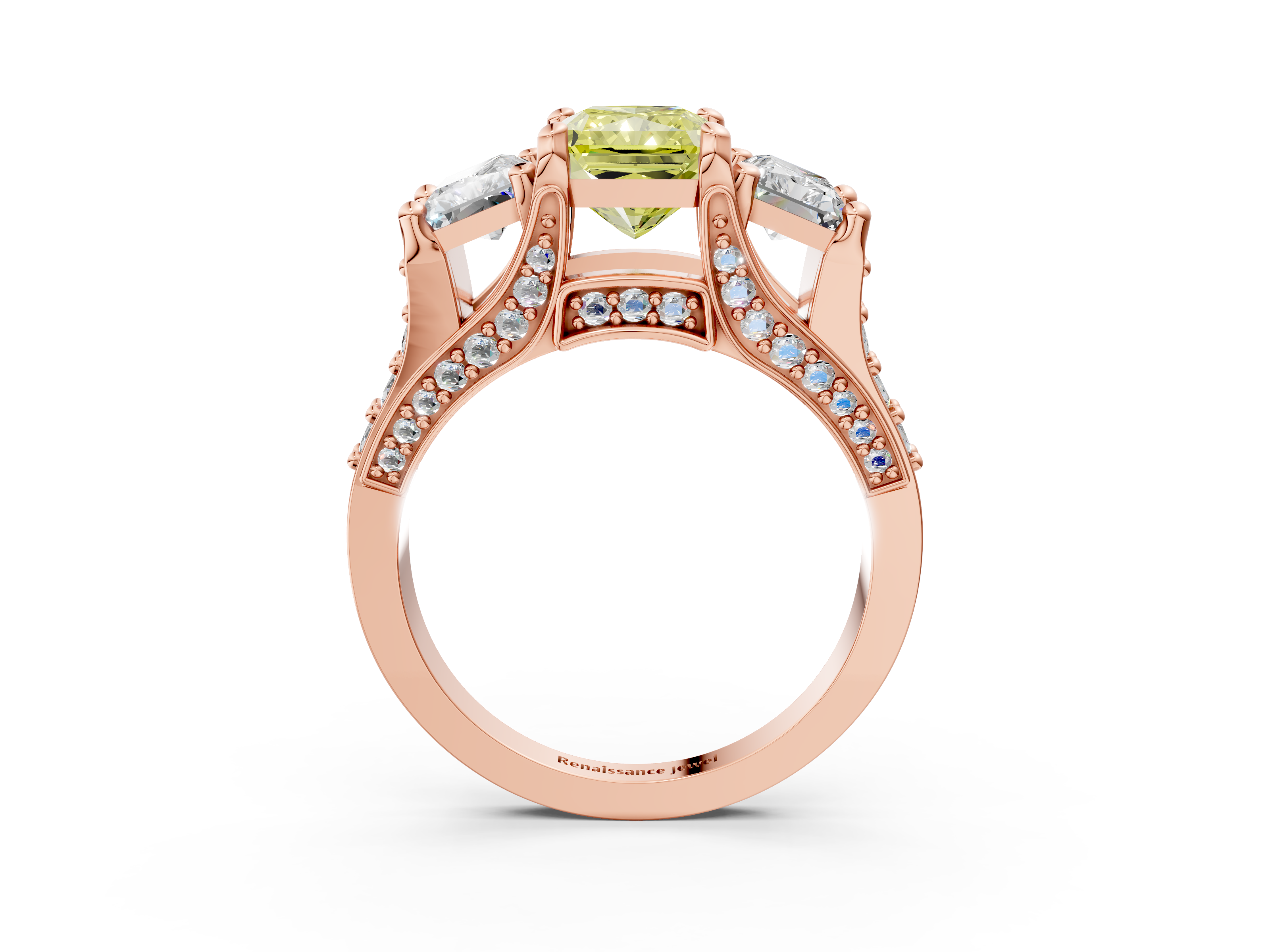 Rose gold Three-Stone Fancy Yellow Radiant  Cut Diamond Ring with Channel-Set Band and Four-Prong Setting_52