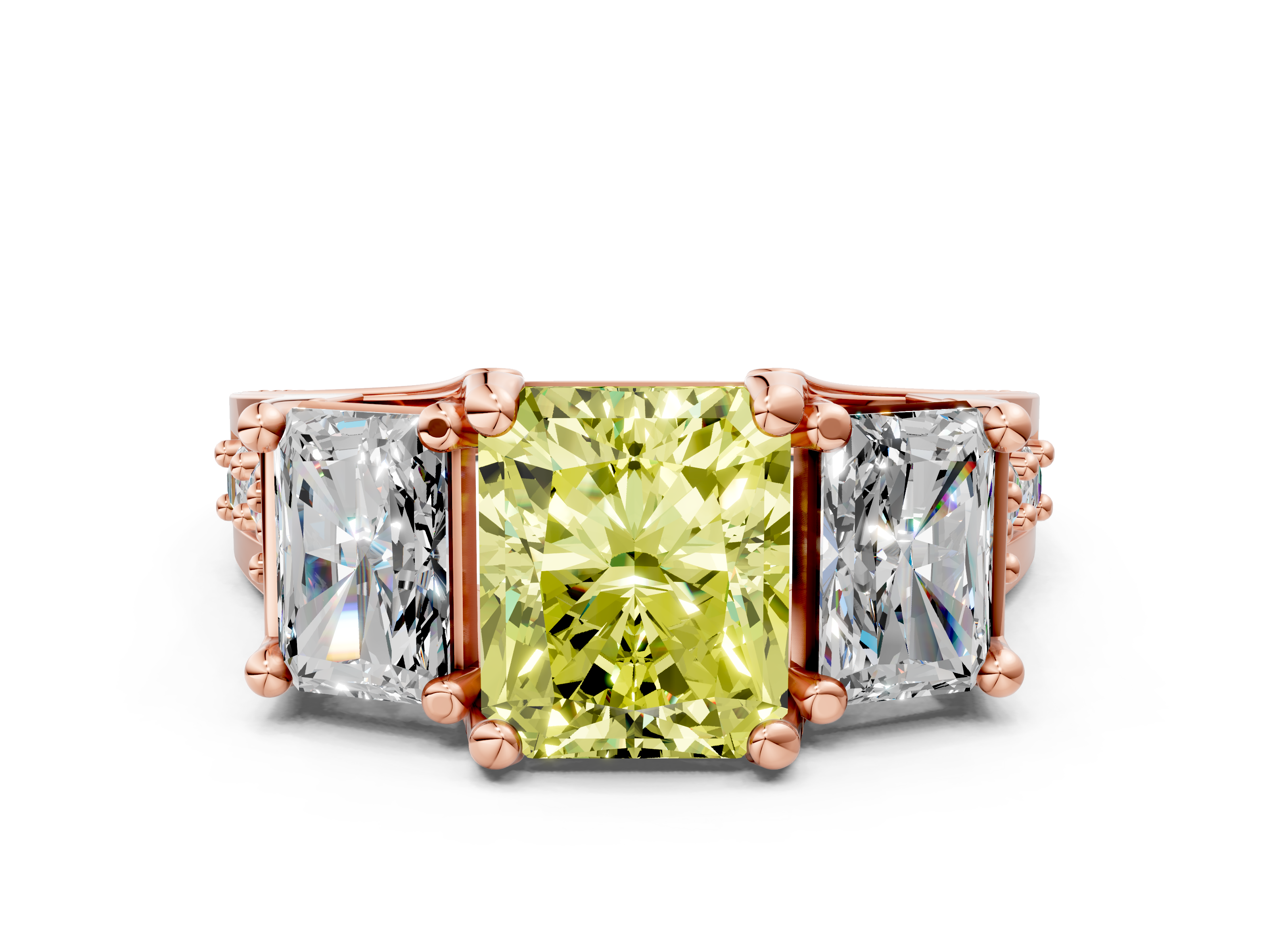 Rose gold Three-Stone Fancy Yellow Radiant  Cut Diamond Ring with Channel-Set Band and Four-Prong Setting_58
